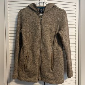 Lands End, hooded light weight, sweater type jacket. Mottled tan, size 2 -4.